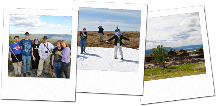 Group photo on Tunhovdåsen, walking through snow on Hardangervidda, and scenic view of Langedrag