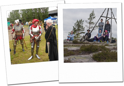 Two guards at the medieval fair and group photo on top of Rundkollen