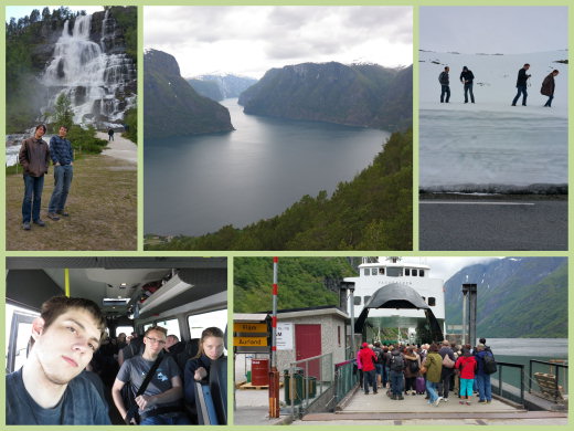 5 pictures from the excursion to Aurland. First picture shows a waterfall. Second picture shows Aurlandsfjorden. Third picture shows several participants standing on a several meter high plow-edge next to a road. Fourth picture is taken of the participants in the minibus. Fifth picture is of the ferry we rode with through Nærøyfjorden.